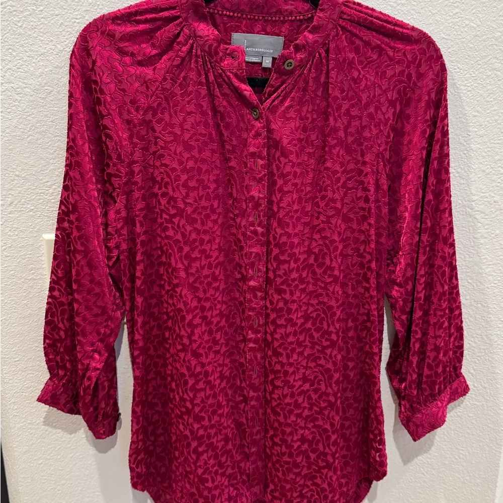 Anthropologie Burgundy Textured Blouse